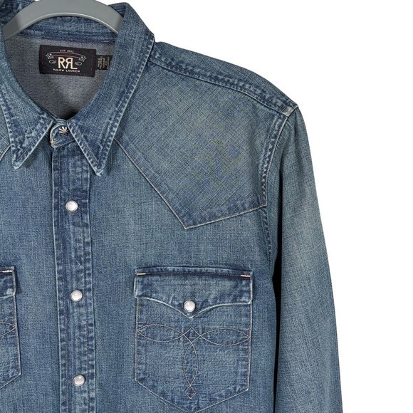 Ralph Lauren Double RRL Denim Shirt Mens XL Slim Fit Western Pearl Snap Cowboy - Picture 3 of 14